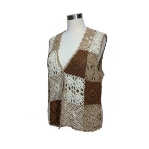 Vintage No Boundaries Crochet Knit Top in Tan White Brown